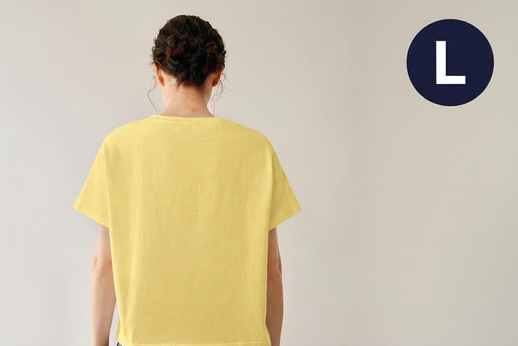 Yellow cotton top - lifestyle shot with L badge