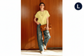Yellow cotton top - front view with fabric icons and L badge