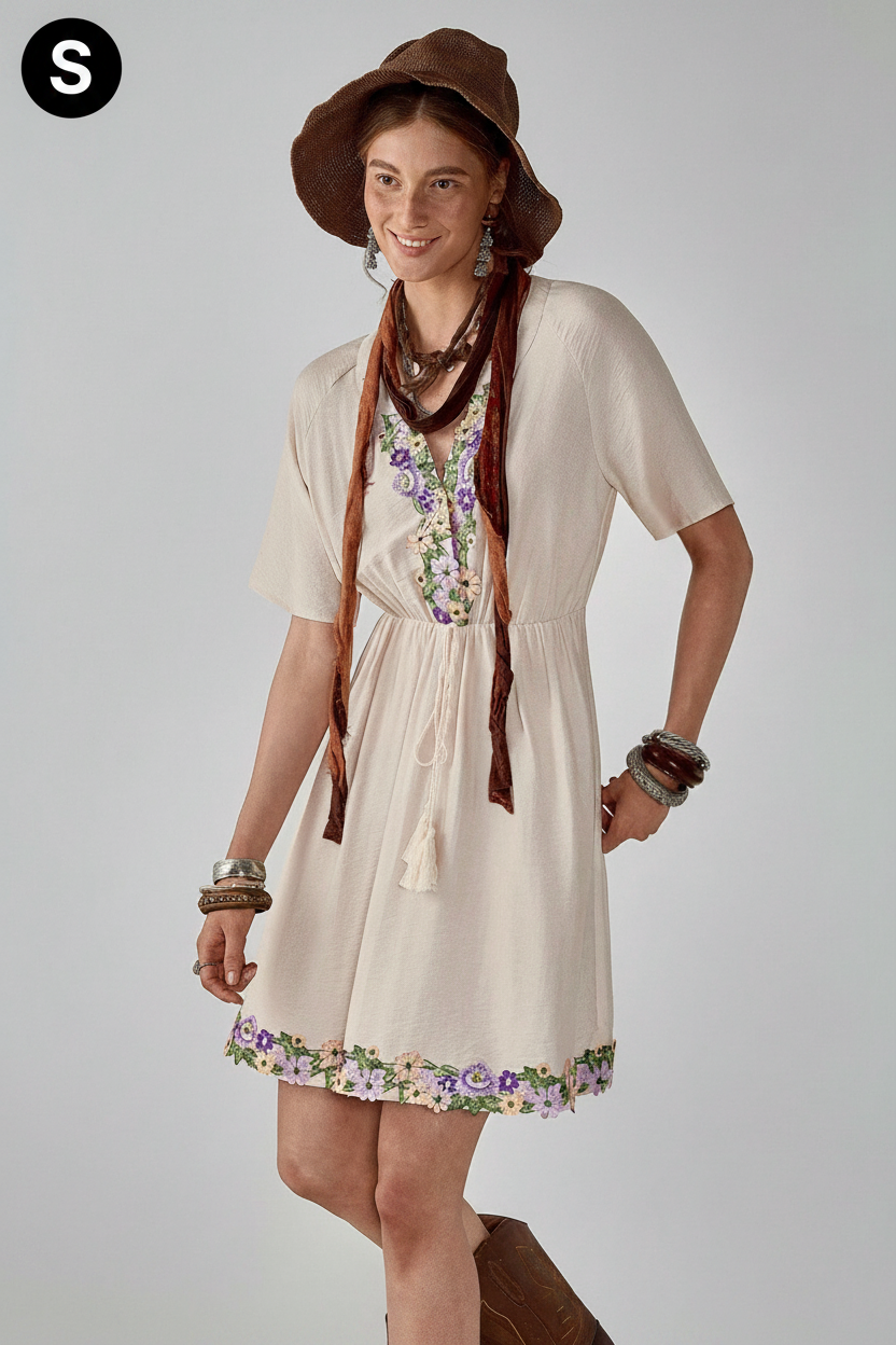 Cream floral embroidered boho mini dress - full body with hat and S badge