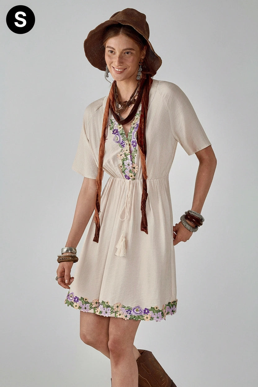 Florisole Women's Summer Floral Embroidery Tassel Trim Short Sleeve Mini Dress