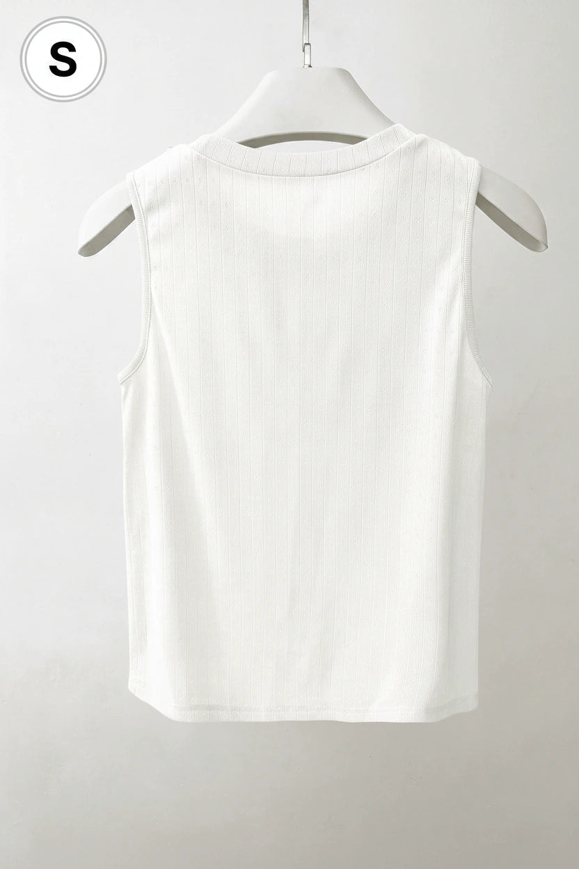 INAWLY Women Solid Color Faux Pearl Round Neck Ribbed Knit Fashion Tank Top
