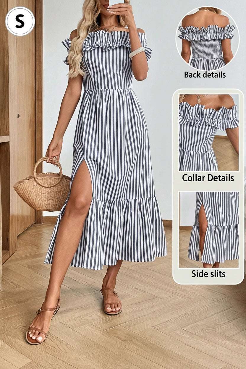 SHEIN LUNE Women's Casual Blue And White Stripe Ruffle Off Shoulder Slit Dress