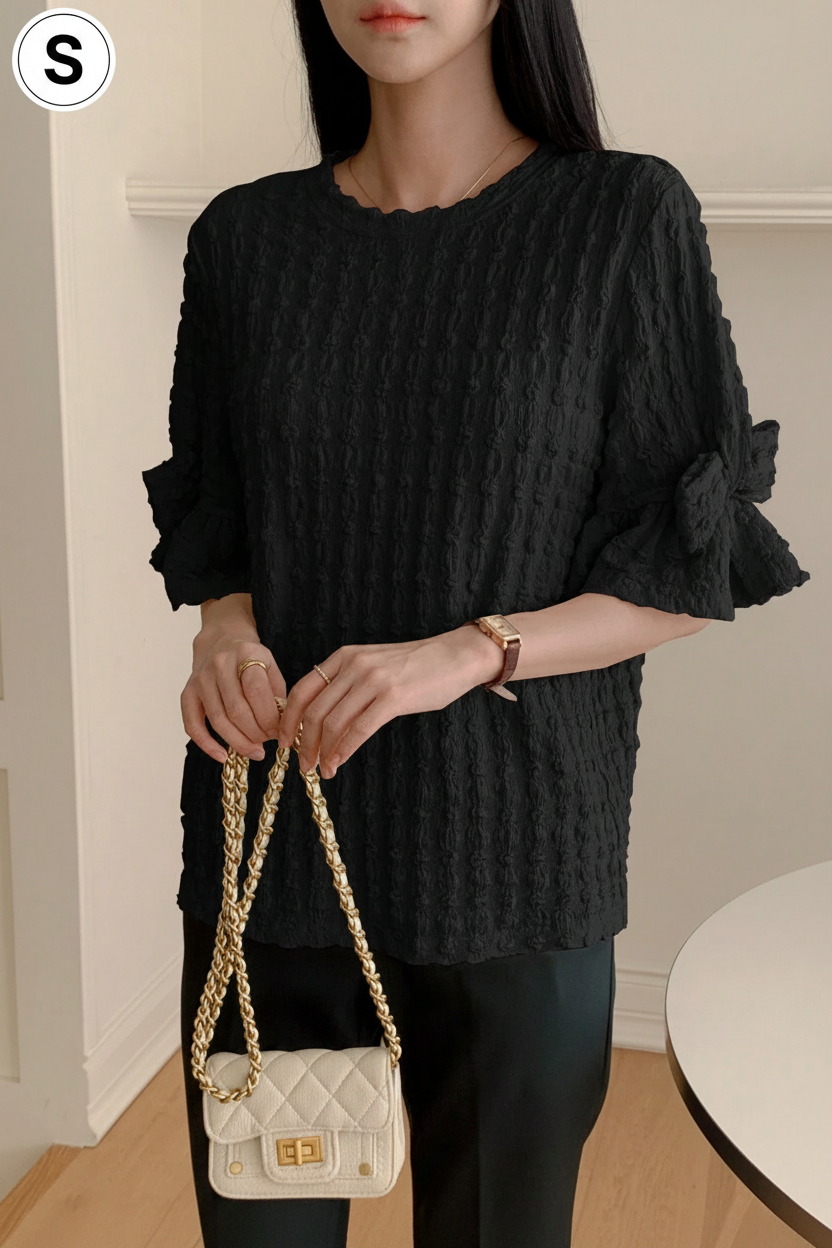 Black Textured Frill Sleeve Top with Bag - Size S