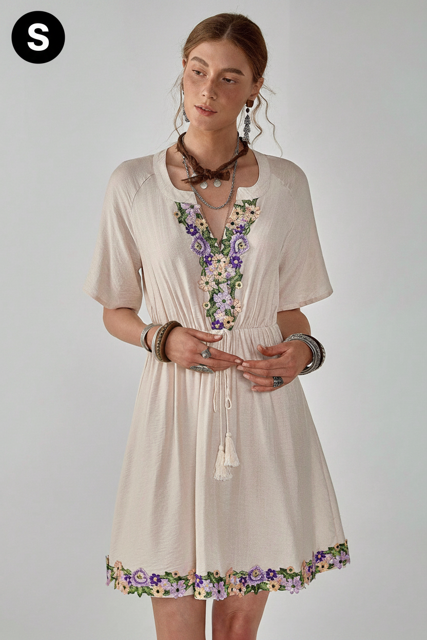 Cream floral embroidered boho mini dress - full front view with S badge