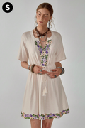 Cream floral embroidered boho mini dress - full front view with S badge