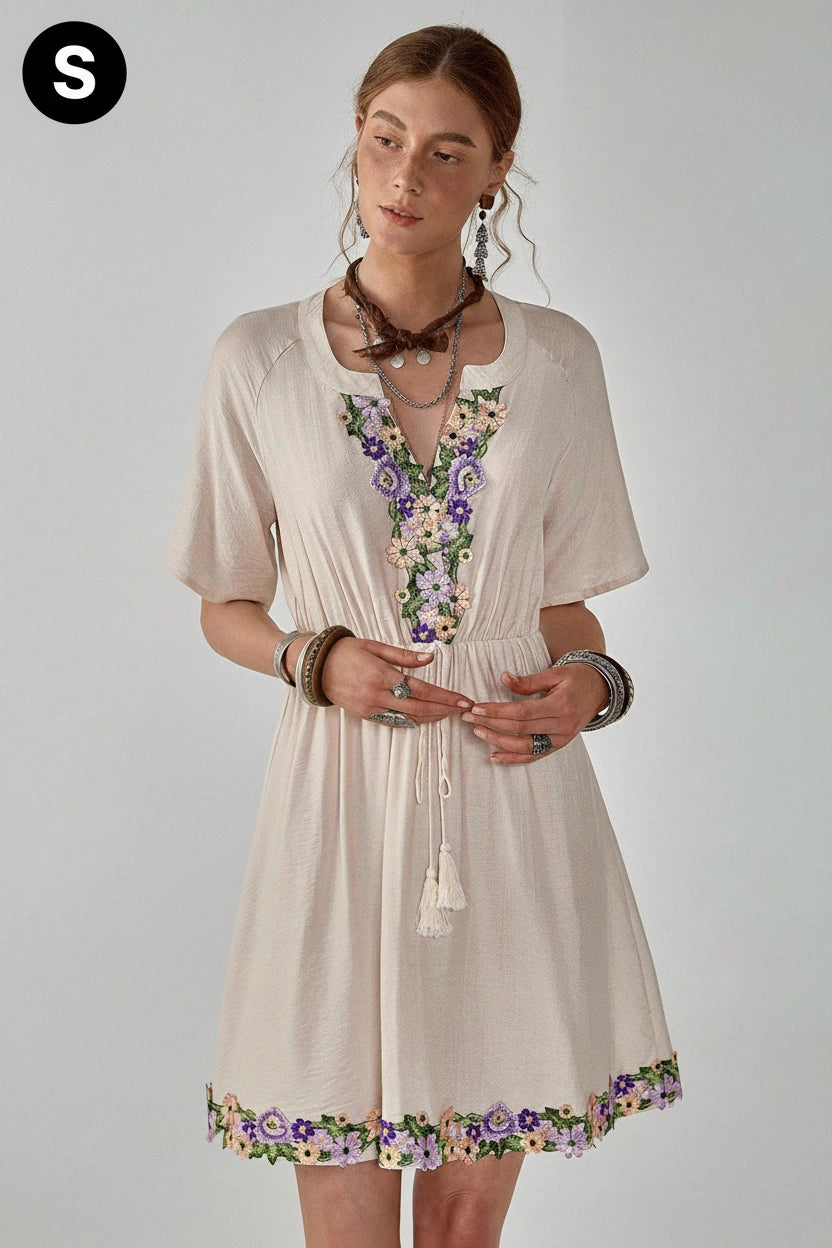 Florisole Women's Summer Floral Embroidery Tassel Trim Short Sleeve Mini Dress