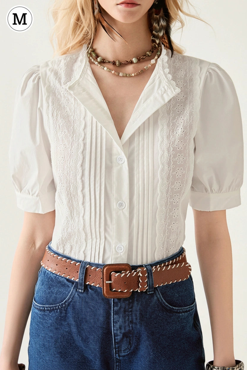 Florisole Solid Color Frill Trim White Short Sleeve Shirt