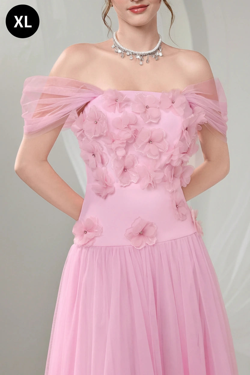 Poshira Luxury Formal Off Shoulder Pink Mesh Dress For Women