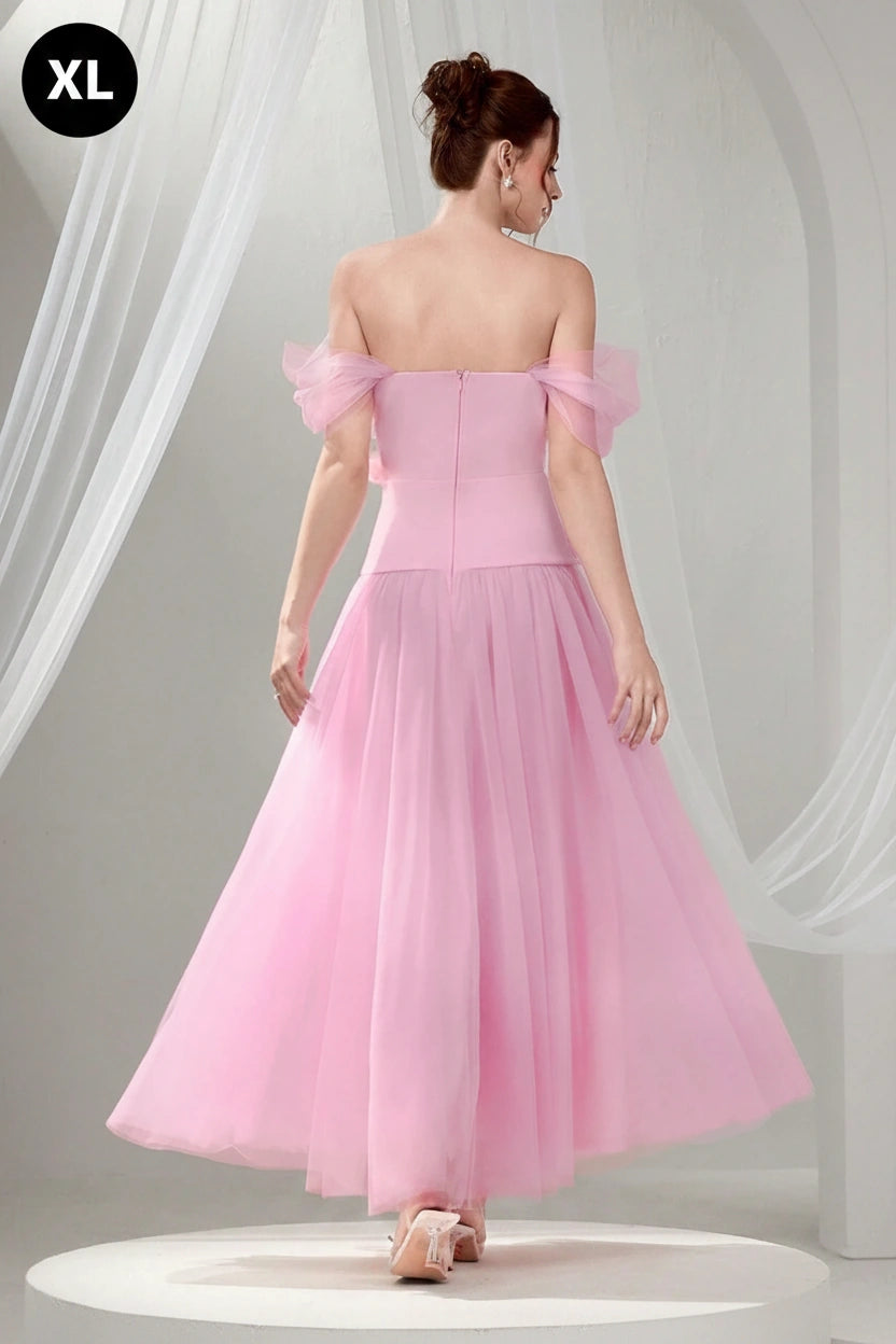 Poshira Luxury Formal Off Shoulder Pink Mesh Dress For Women