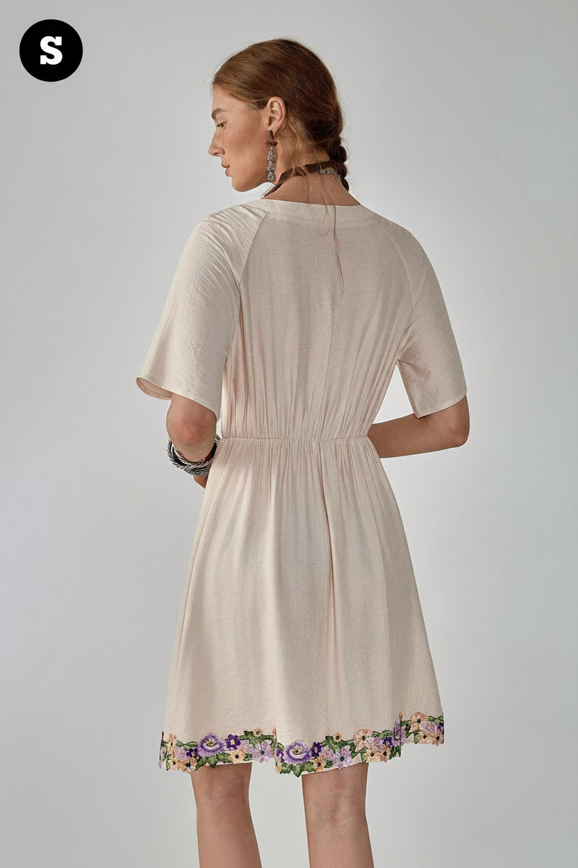 Cream floral embroidered boho mini dress - back view with S badge