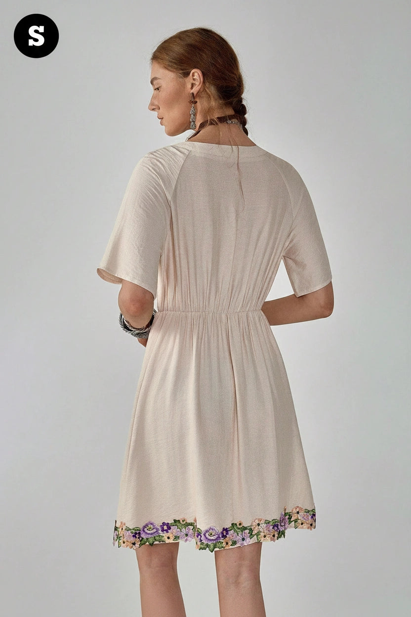 Florisole Women's Summer Floral Embroidery Tassel Trim Short Sleeve Mini Dress