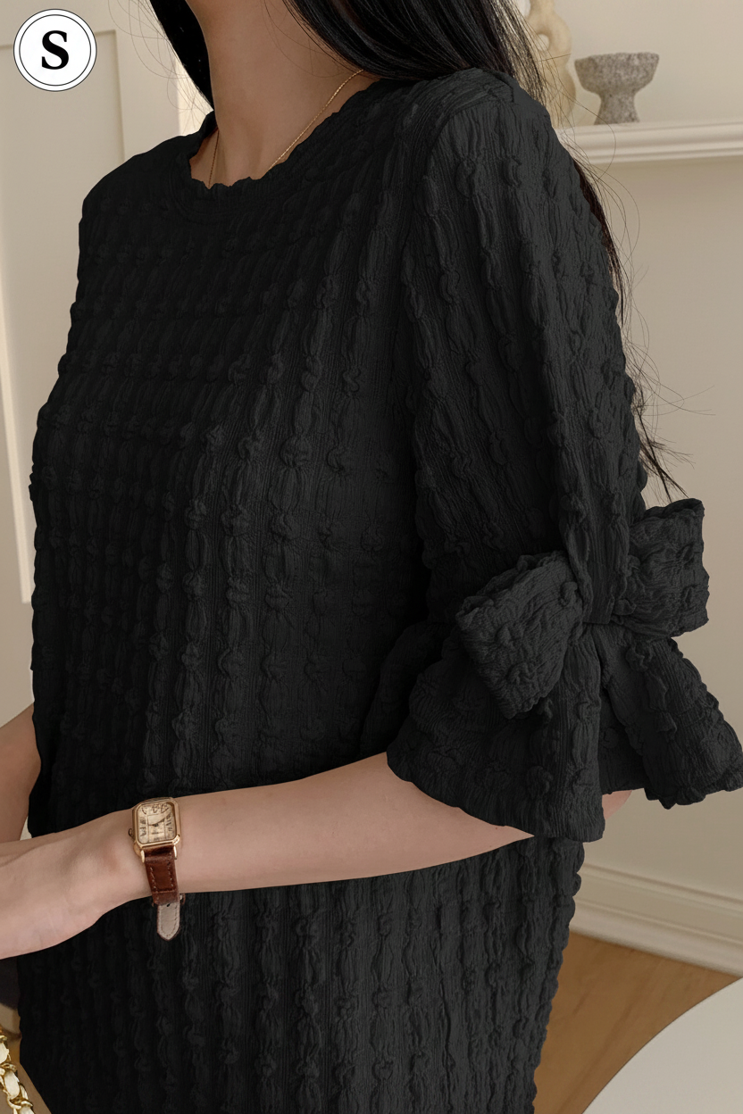 Black Textured Frill Sleeve Top Side View - Size S