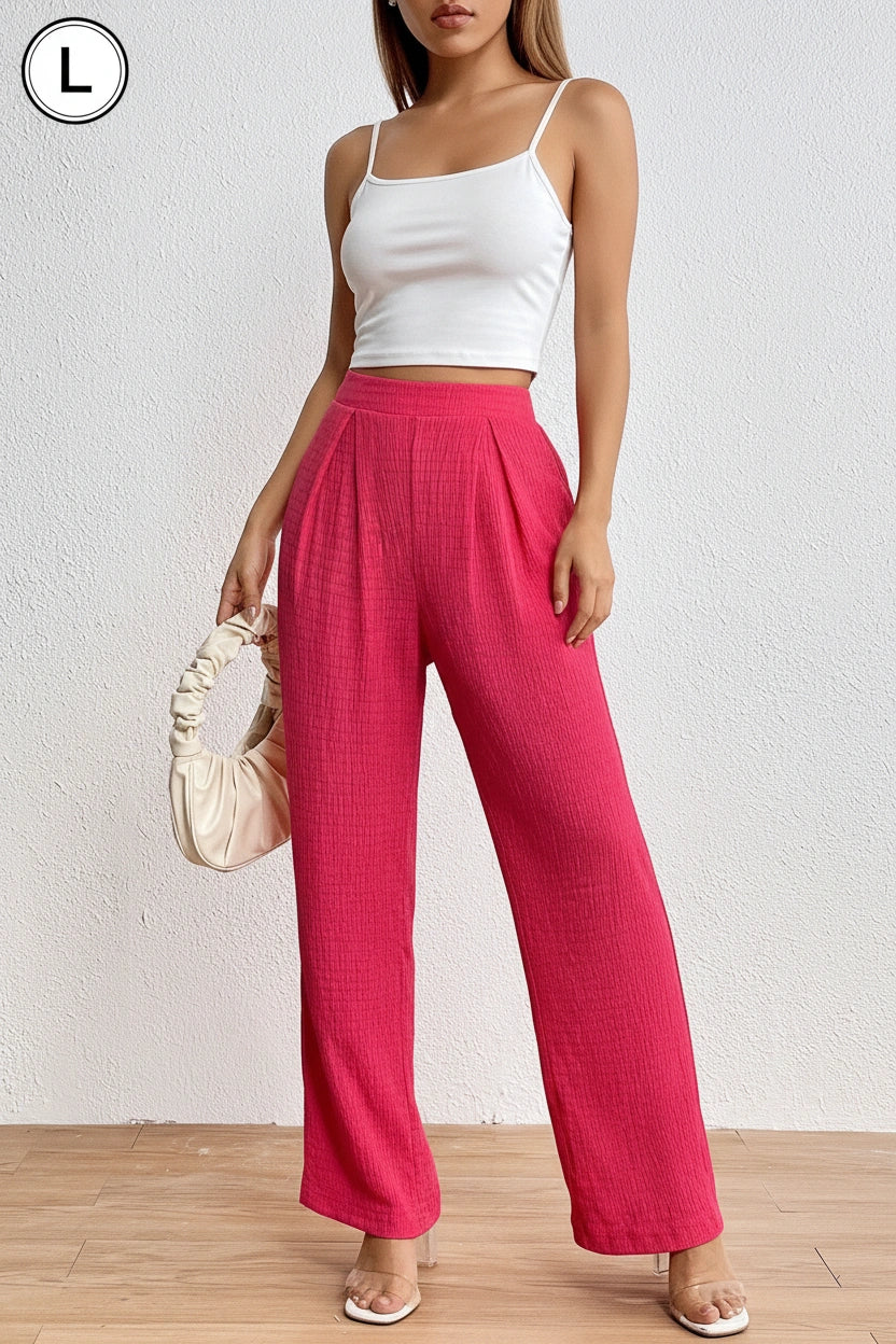 Fuchsia High-Waist Wide-Leg Textured Trousers