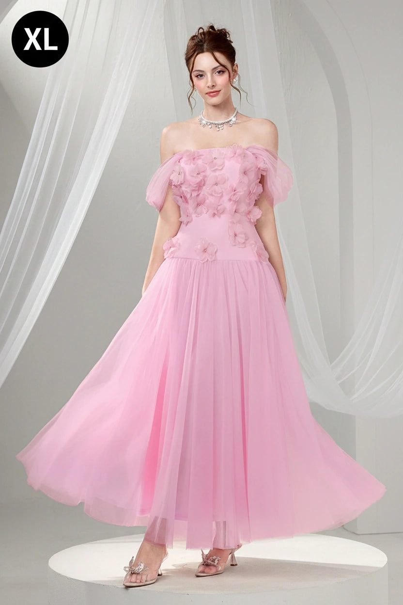 Poshira Luxury Formal Off Shoulder Pink Mesh Dress For Women