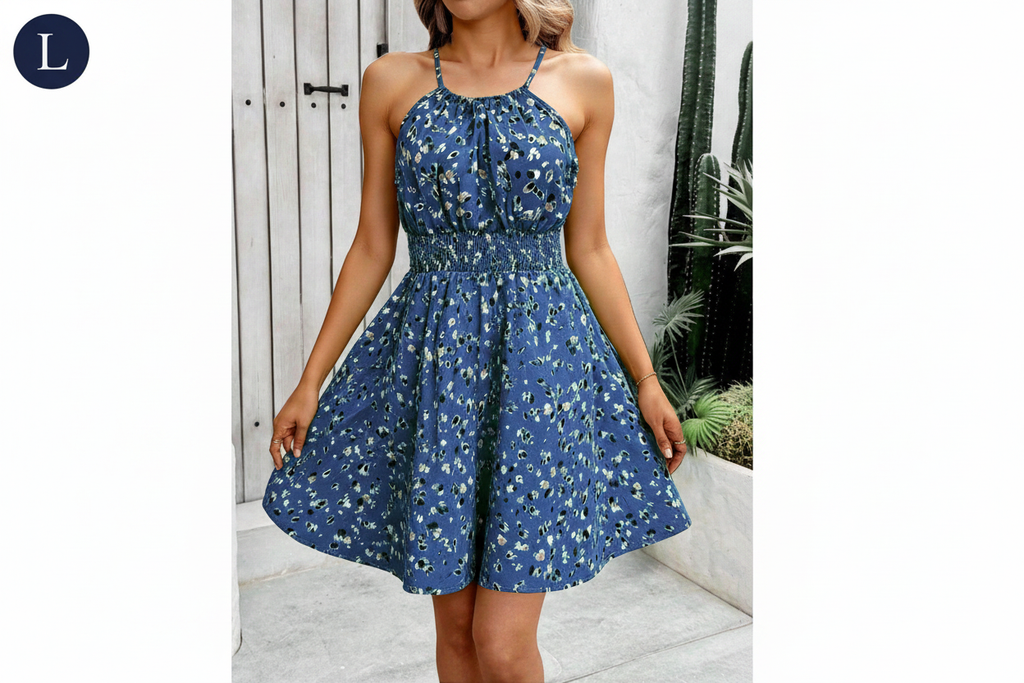 Blue floral halter dress front view