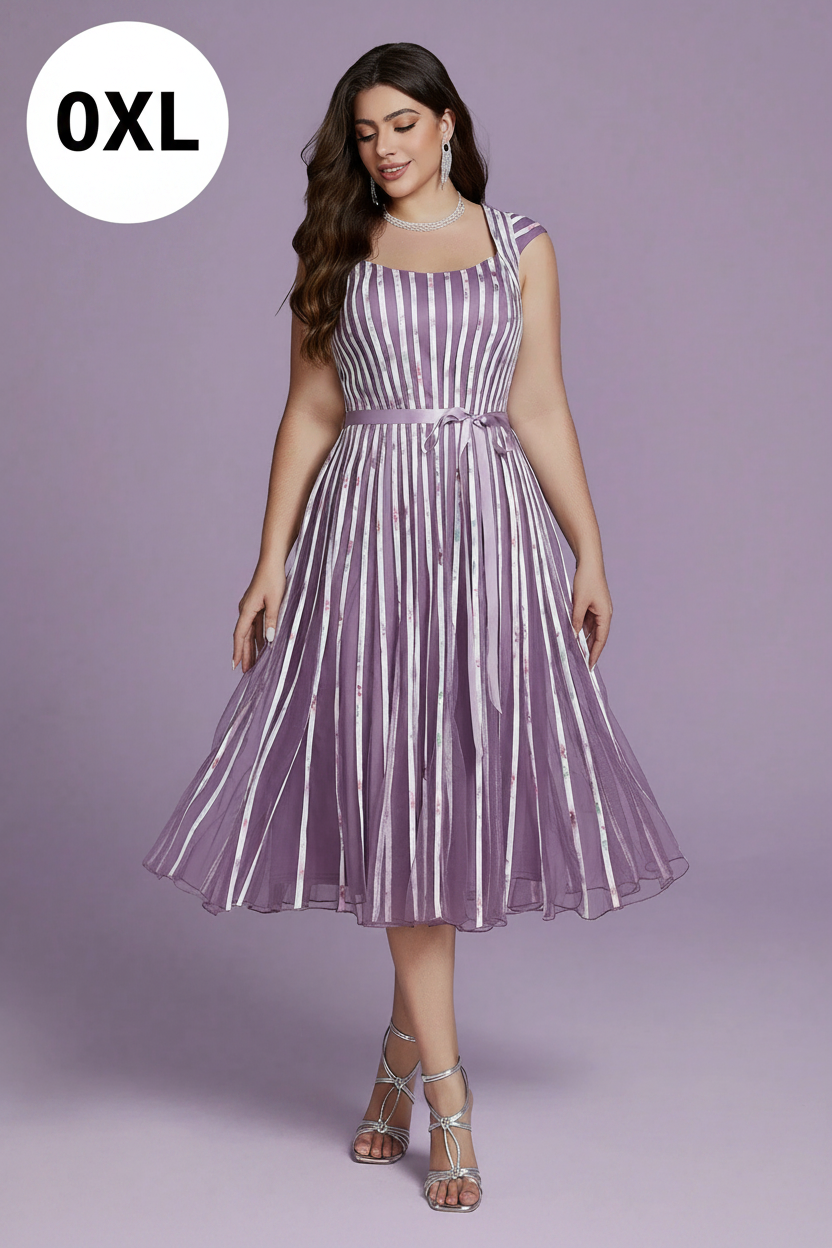 Lavender striped midi dress - looking down pose with 0XL badge