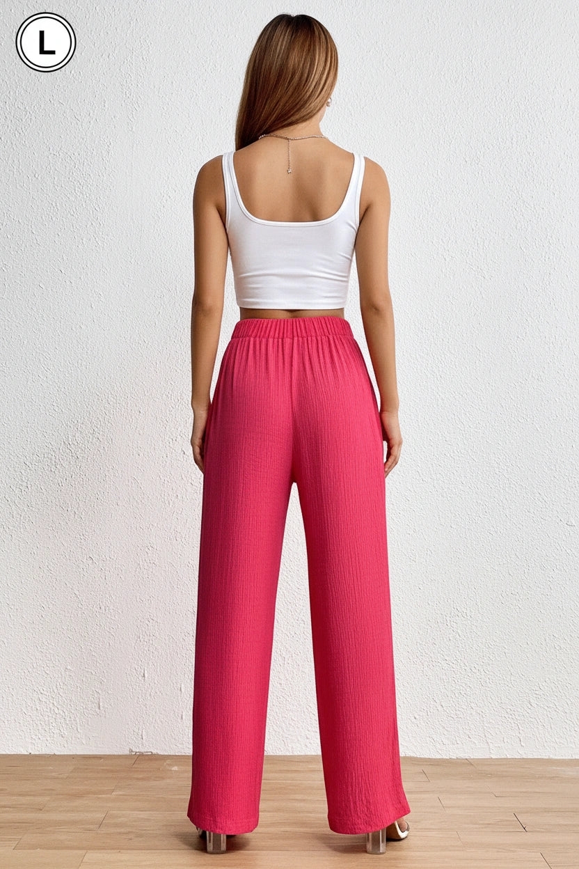 Fuchsia High-Waist Wide-Leg Textured Trousers