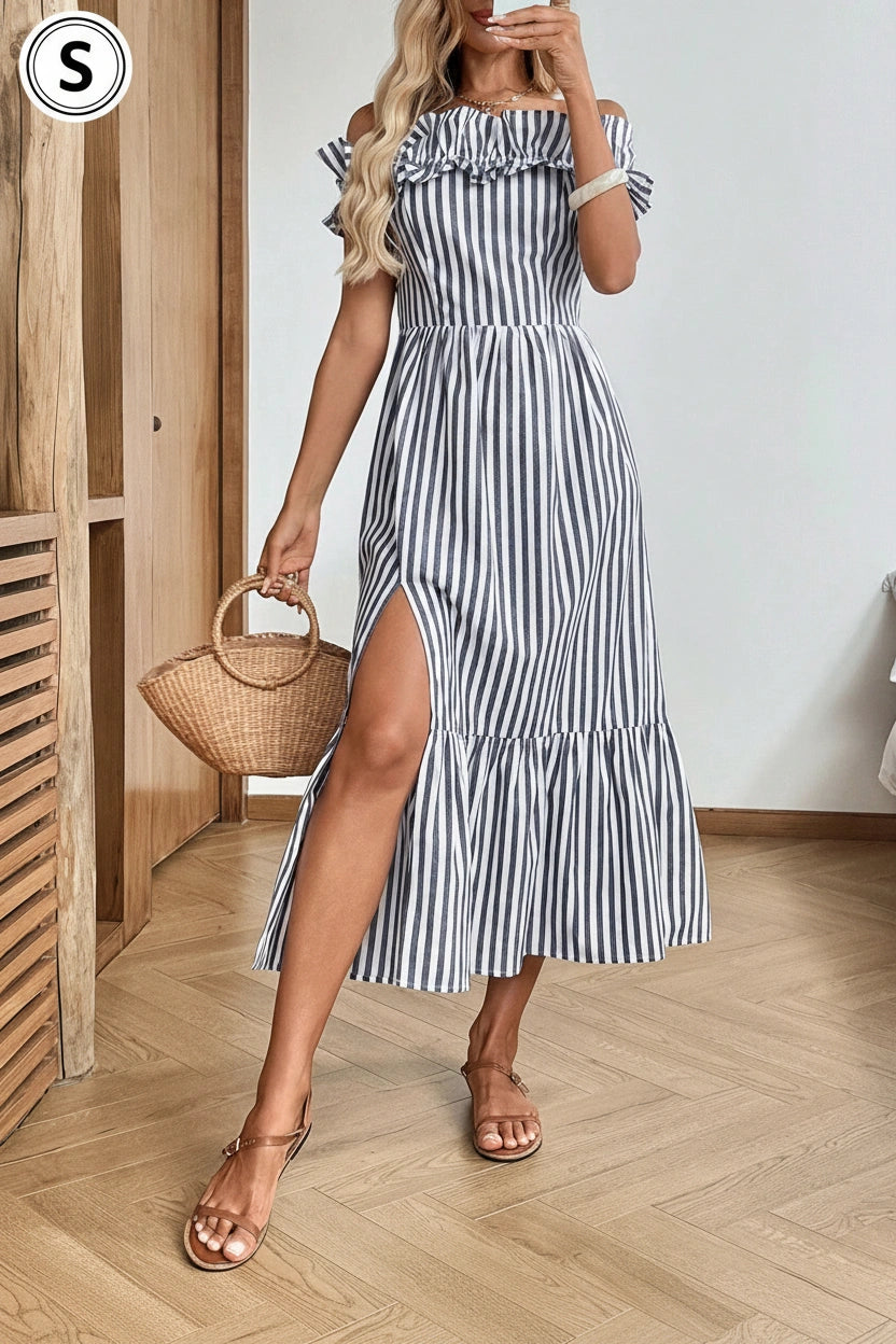 SHEIN LUNE Women's Casual Blue And White Stripe Ruffle Off Shoulder Slit Dress