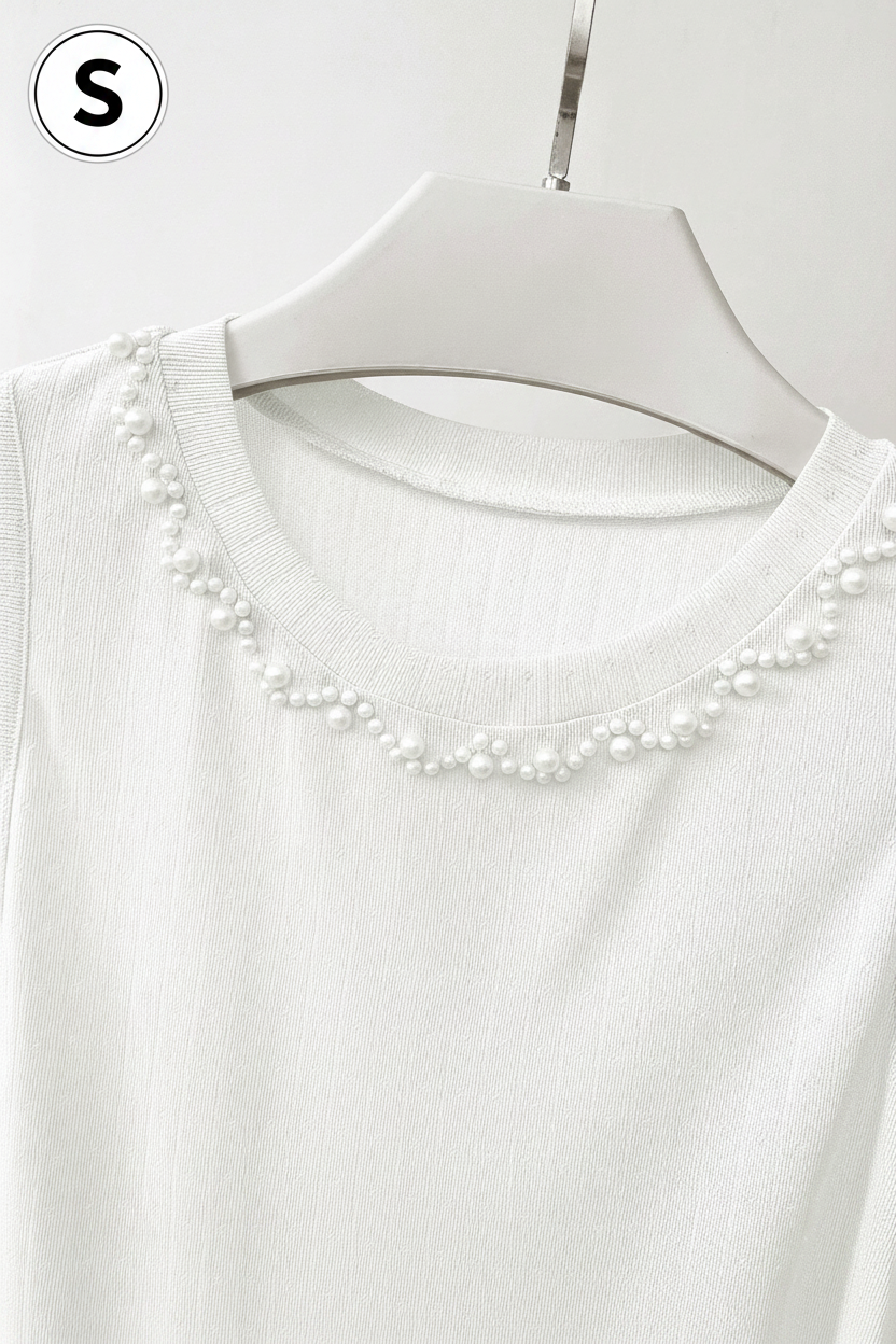 White Pearl Knit Crop Top Neckline Detail - Size S