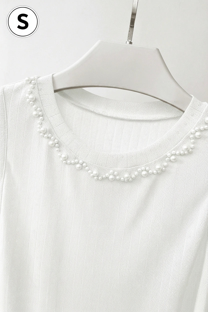 INAWLY Women Solid Color Faux Pearl Round Neck Ribbed Knit Fashion Tank Top