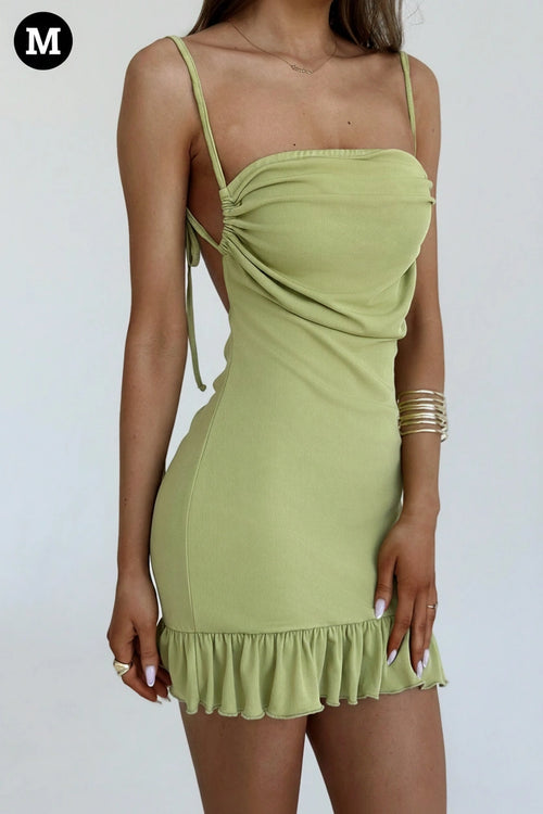 Aloruh Romantic Green Solid Color Spaghetti Strap Tight Weave Mini Dress