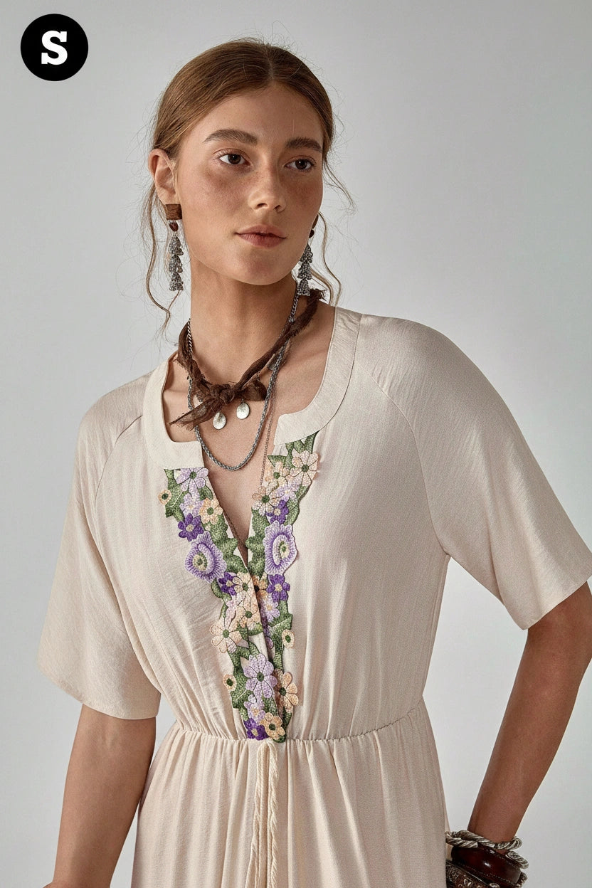 Florisole Women's Summer Floral Embroidery Tassel Trim Short Sleeve Mini Dress