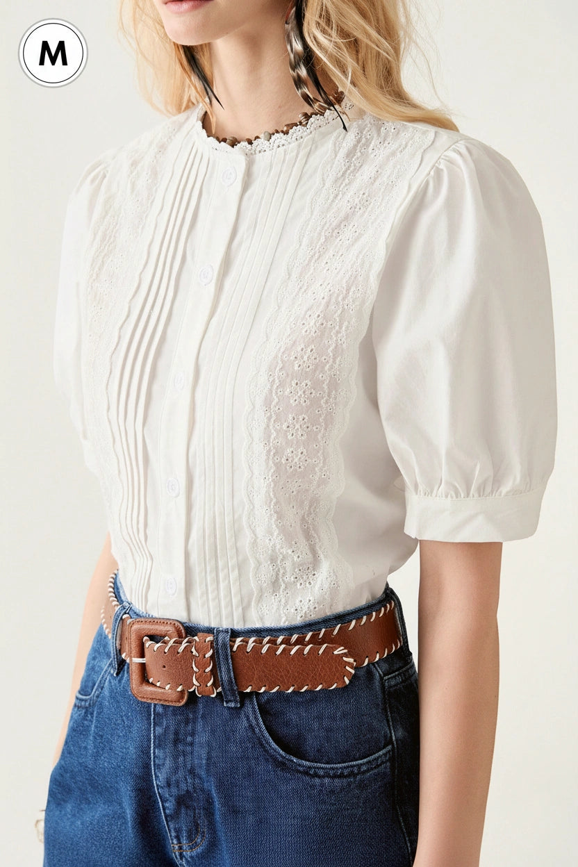 Florisole Solid Color Frill Trim White Short Sleeve Shirt