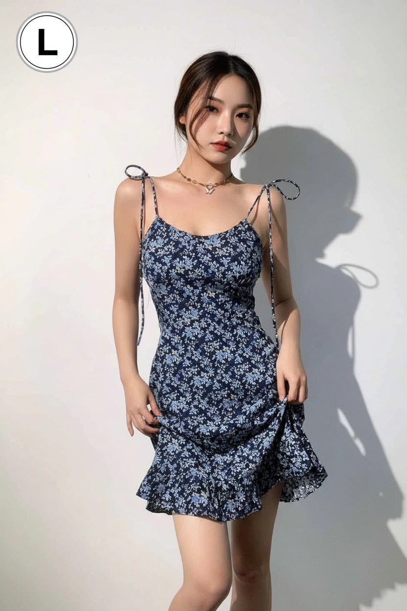 Navy Blue Ditsy Floral Tie-Strap Mini Dress