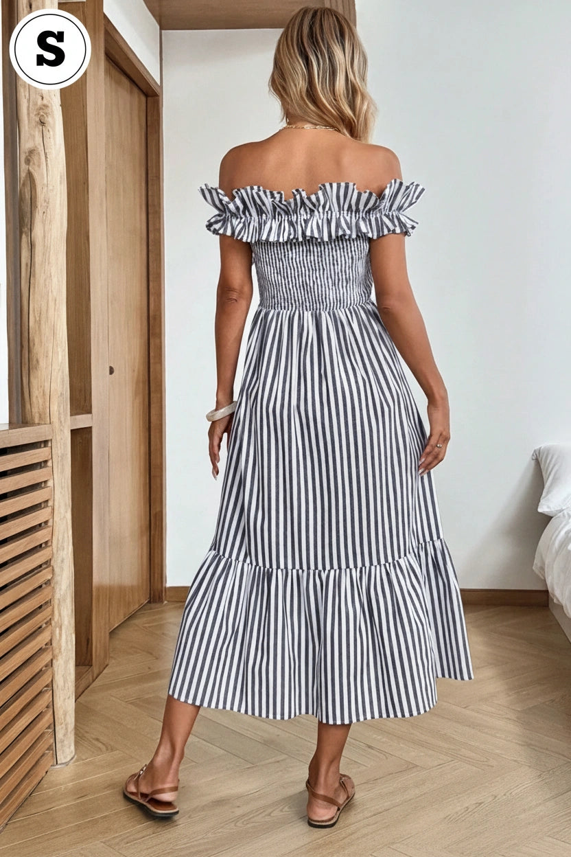 SHEIN LUNE Women's Casual Blue And White Stripe Ruffle Off Shoulder Slit Dress