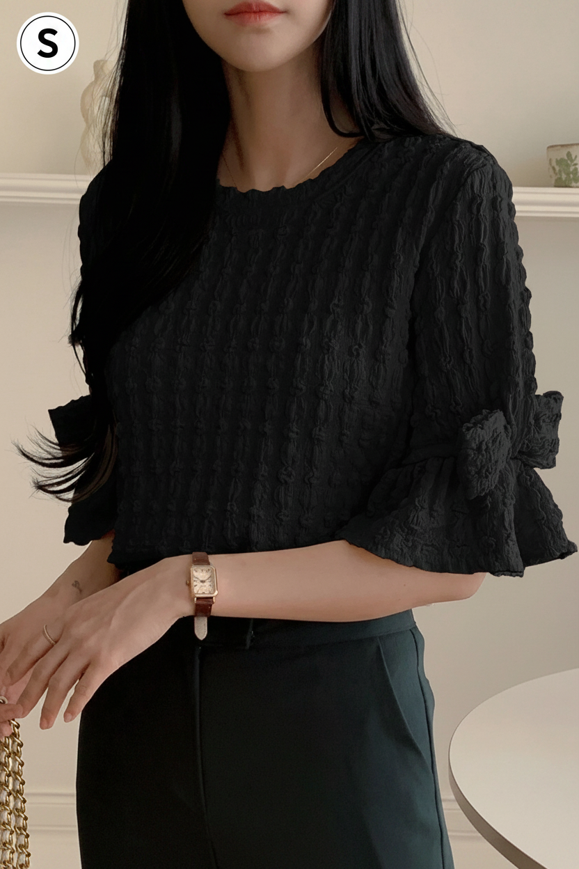 Black Textured Frill Sleeve Top Front Close Up - Size S