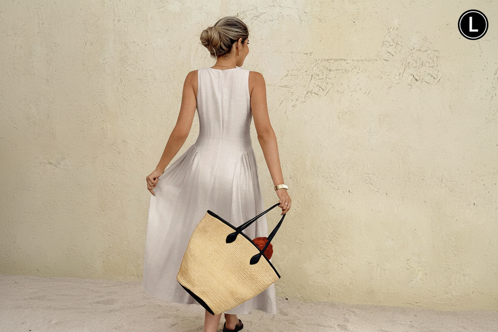 Linen midi dress - back view with tote bag - L badge