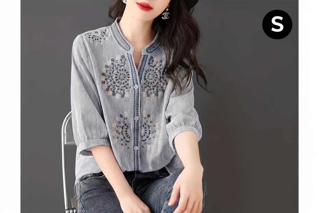 Striped embroidered blouse - front view - S badge