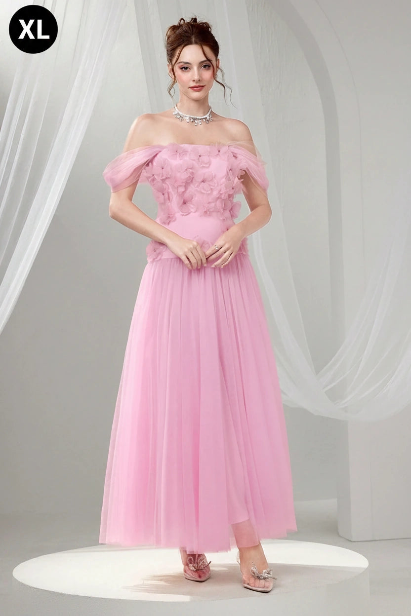 Poshira Luxury Formal Off Shoulder Pink Mesh Dress For Women