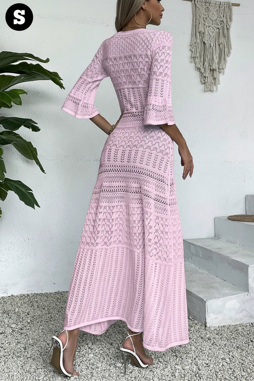 Women's Elegant Solid Color V-Neck Long Sleeve Knit Casual Dress