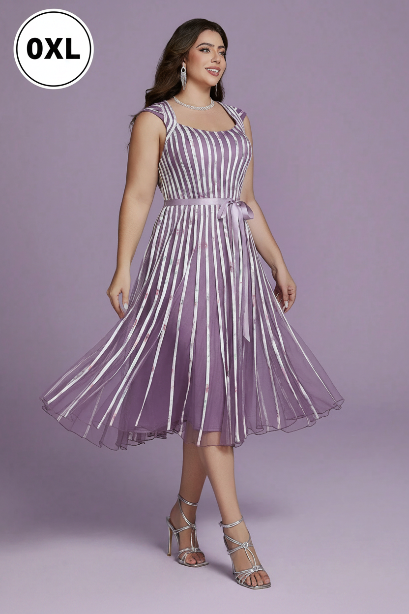 Lavender striped midi dress - moving pose with 0XL badge
