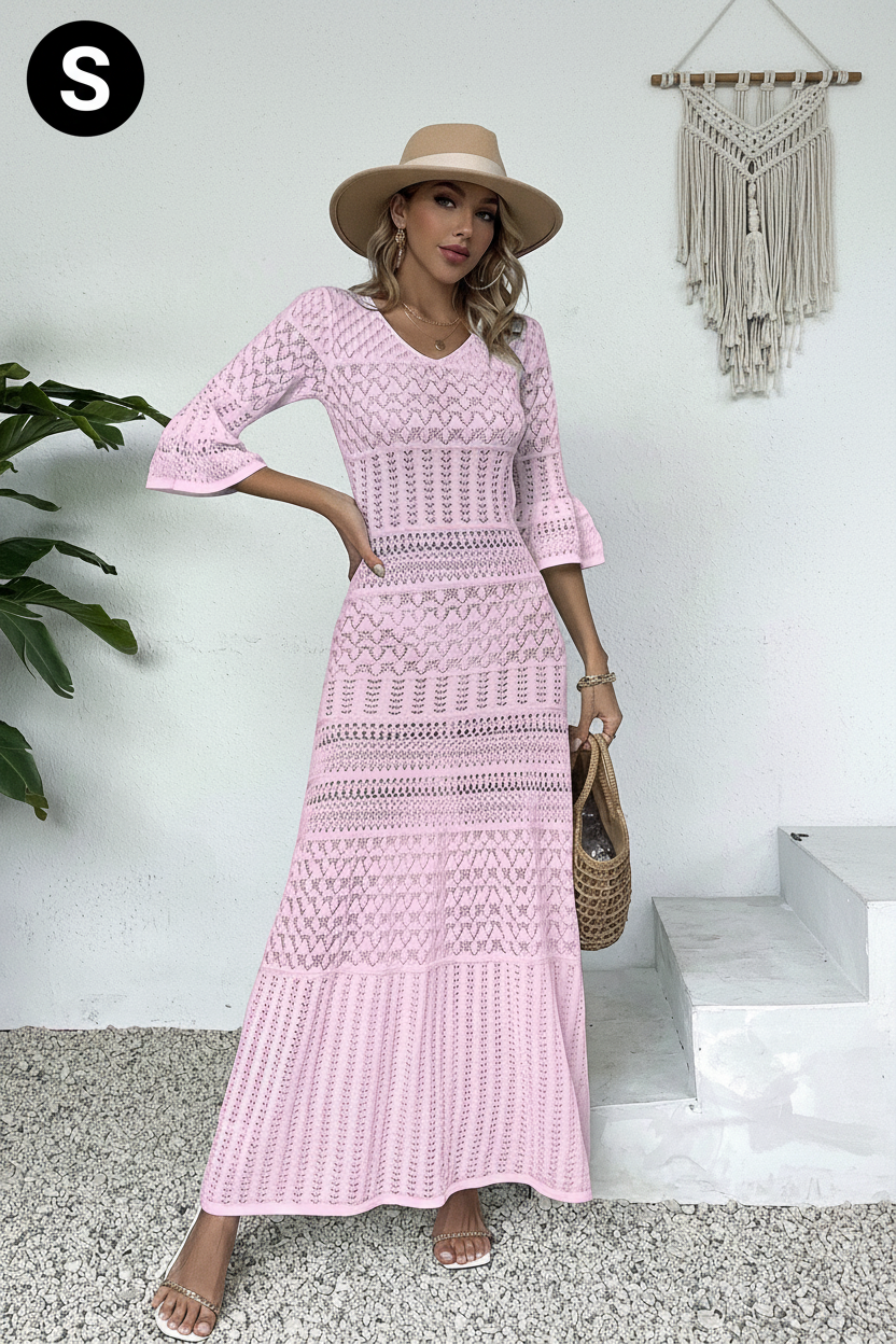 Pink crochet maxi dress - front view with S badge