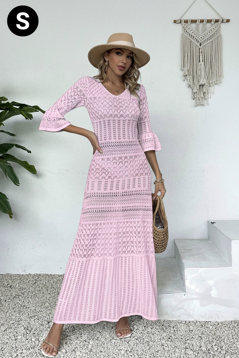 Women's Elegant Solid Color V-Neck Long Sleeve Knit Casual Dress