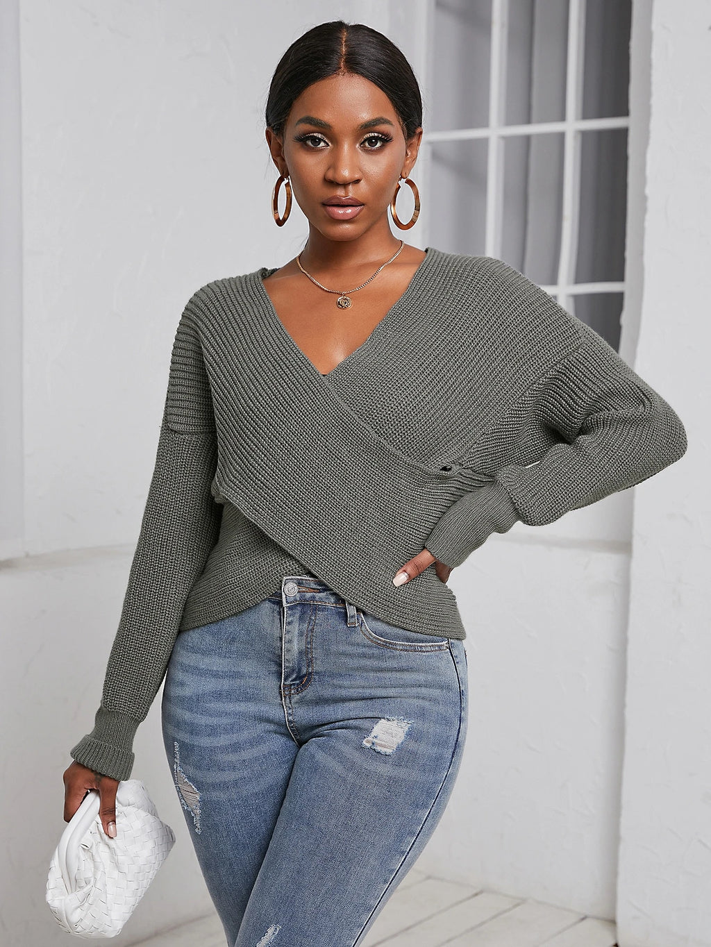 Solid V Neck Cross Wrap Drop Shoulder Sweater - M
