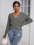 Solid V Neck Cross Wrap Drop Shoulder Sweater - M