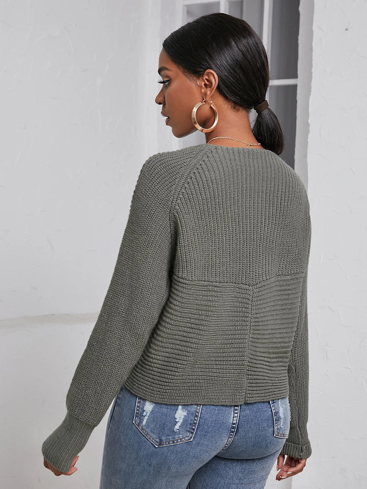 Solid V Neck Cross Wrap Drop Shoulder Sweater - M