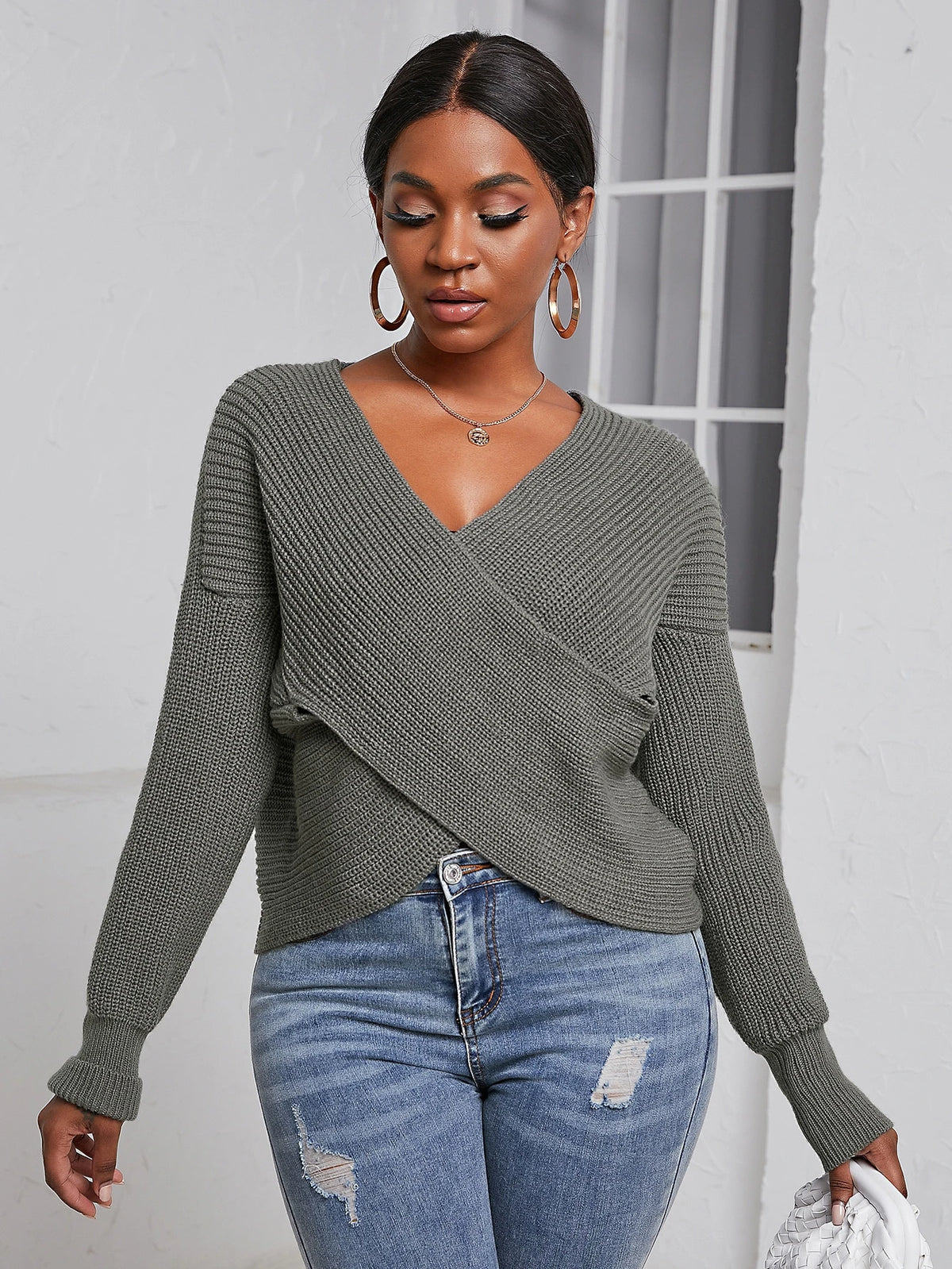 Solid V Neck Cross Wrap Drop Shoulder Sweater - M