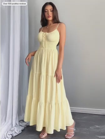 Firerie Women's Pale Yellow Summer Tie-Up Dress