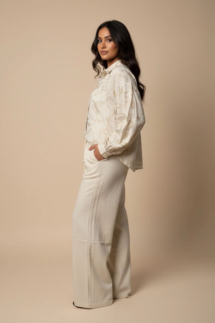 Cream Floral Embroidered Two-Piece Set
