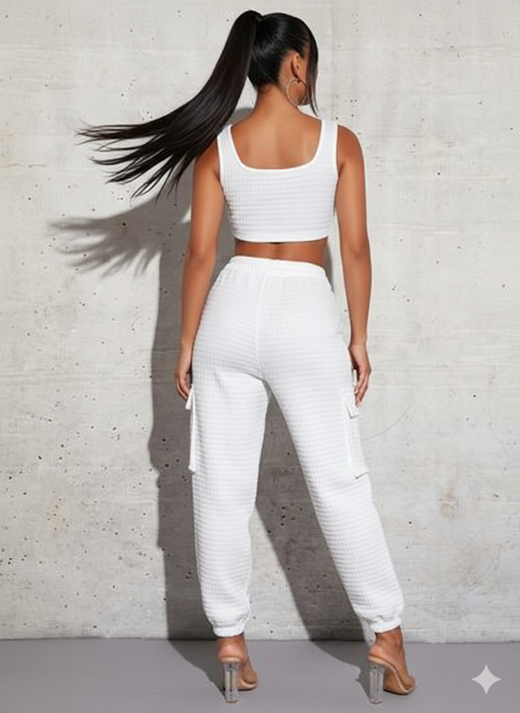 Solid Crop Tank Top & Flap Pocket Side Pants - Small
